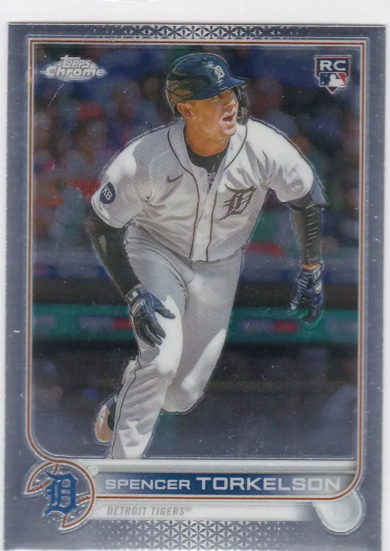 Baseball card of USC100 Spencer Torkleson running in a white uniform for Detroit Tigers