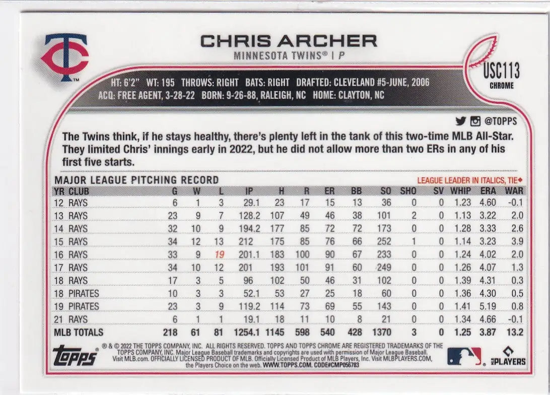2022 TOPPS CHROME #USC113 CHRIS ARCHER PURPLE- MINNESOTA TWINS - Baseball Card Single