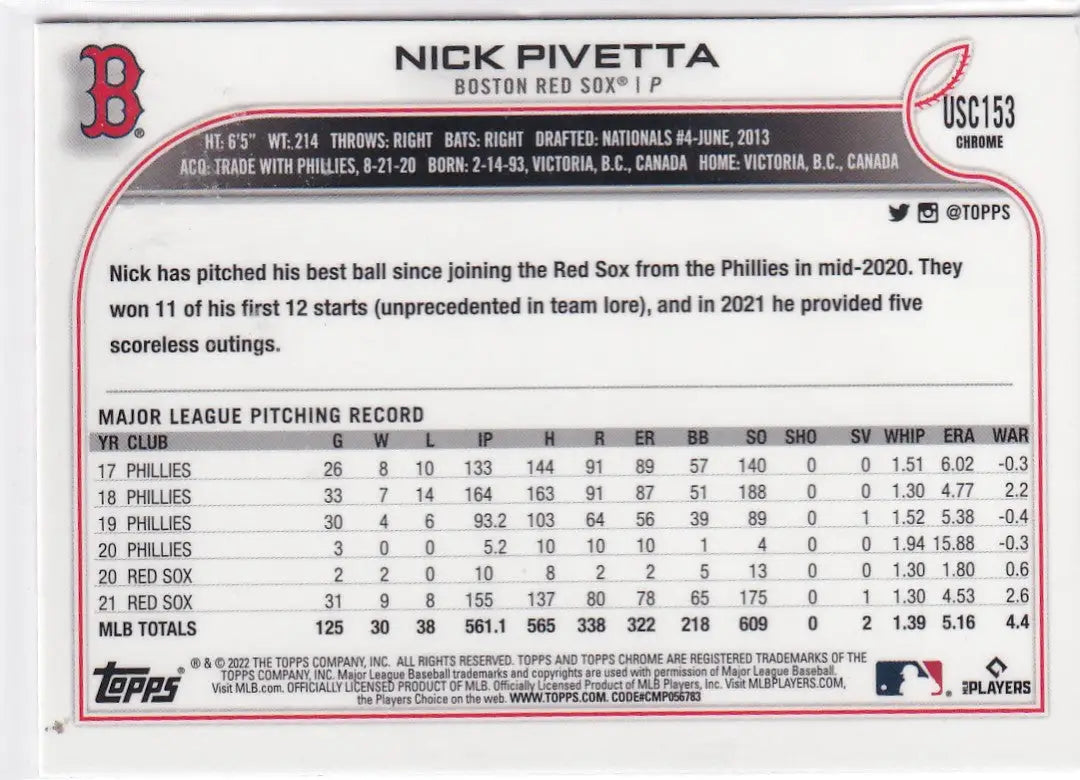 2022 TOPPS CHROME #USC153 NICK PIVETTA PURPLE- BOSTON RED SOX - Baseball Card Single