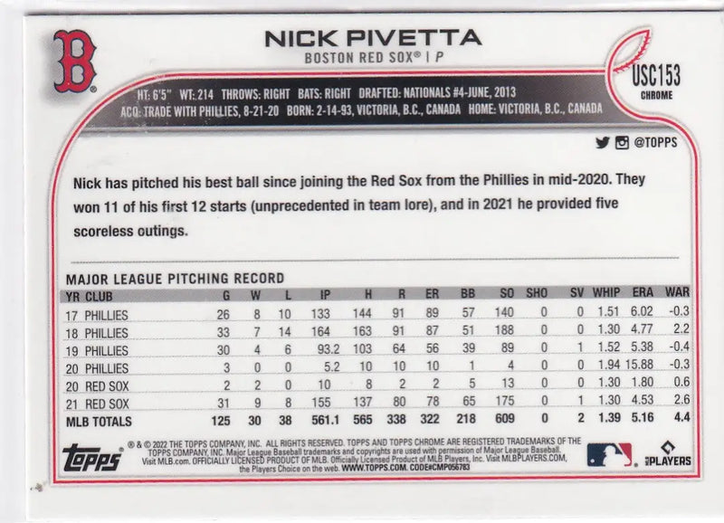 2022 TOPPS CHROME #USC153 NICK PIVETTA PURPLE- BOSTON RED SOX - Baseball Card Single