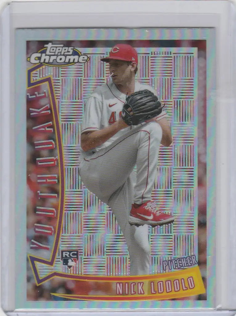 Baseball card of Nick Lodolo in white uniform and red cap, Topps Chrome Youthquake