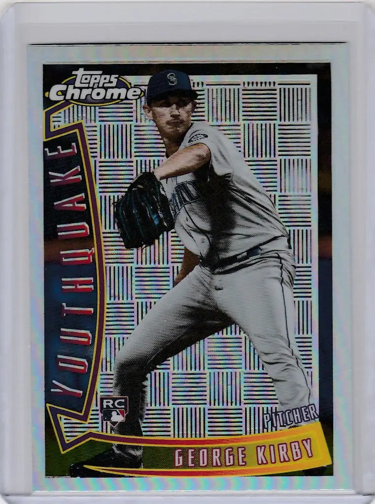 Baseball card of George Kirby in mid-throw for Topps Chrome Youthquake Seattle Mariners