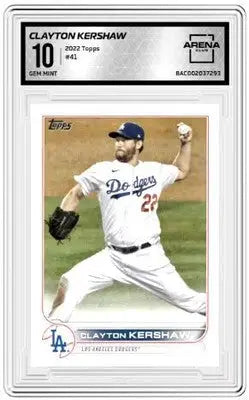 Baseball card featuring Clayton Kershaw in grading slab from 2022 Topps Clayton Kershaw Arena Club
