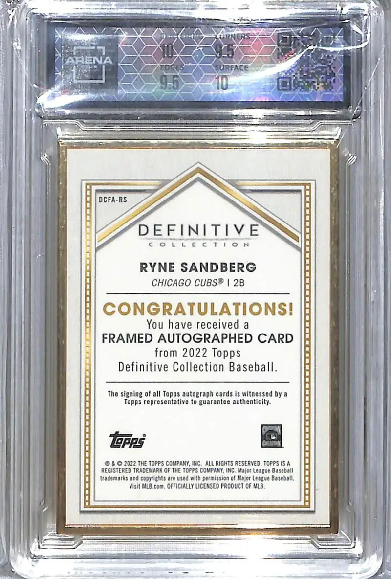 2022 Topps Definitive Collection Purple #DCFA-RS Ryne Sandberg Arena 10 Auto 6/10 Chicago Cubs - Baseball Card Single