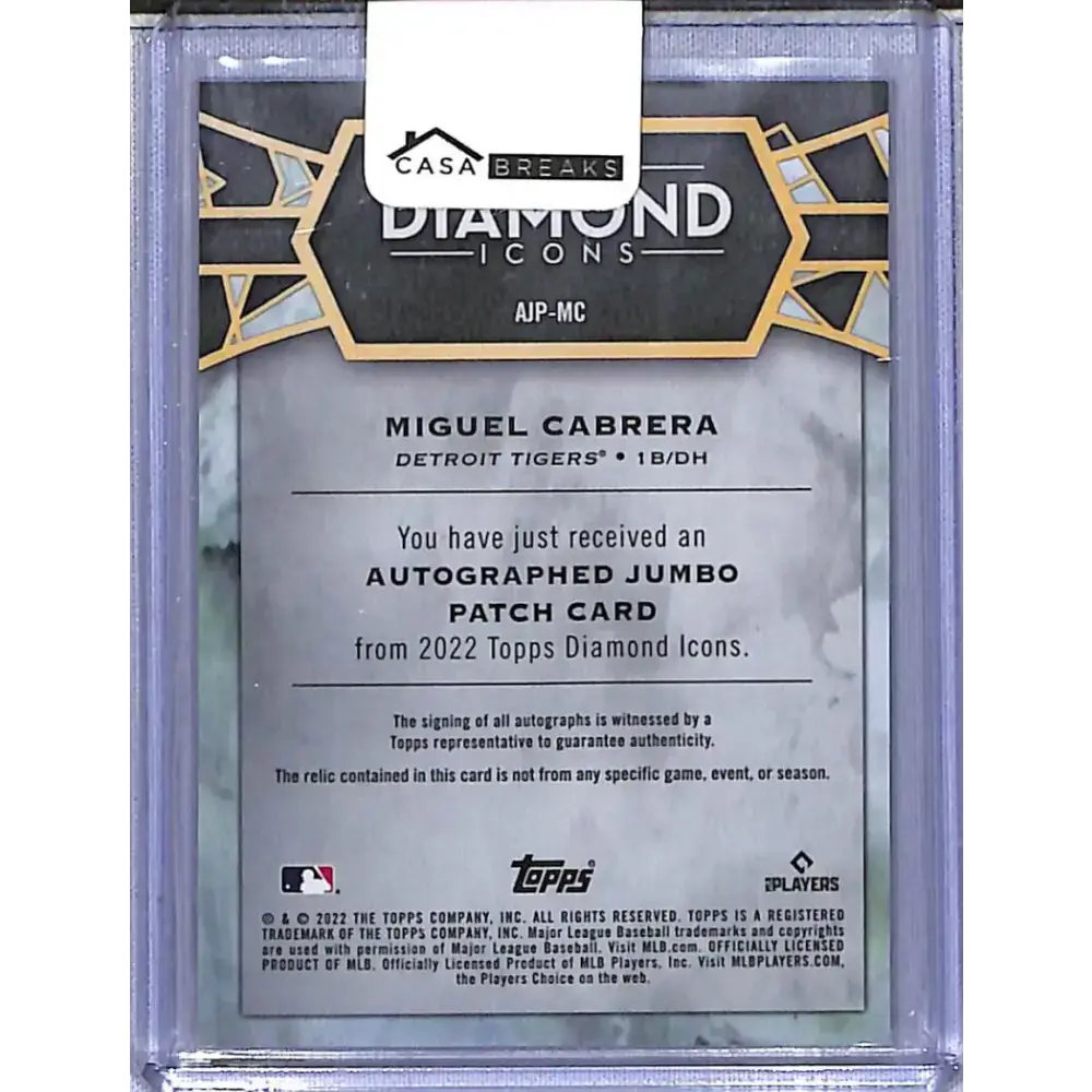 2022 Topps Diamond Icons Jumbo Patch #AJP-MC Miguel Cabrera EX Excellent MEM Auto 23/25 Detroit Tigers - Baseball Card