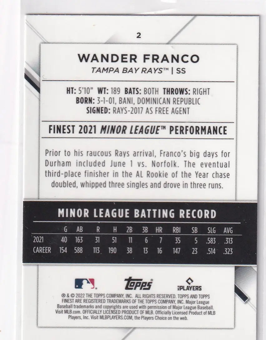 2022 TOPPS FINEST #2 WANDER FRANCO- TAMPA BAY RAYS - Baseball Card Single