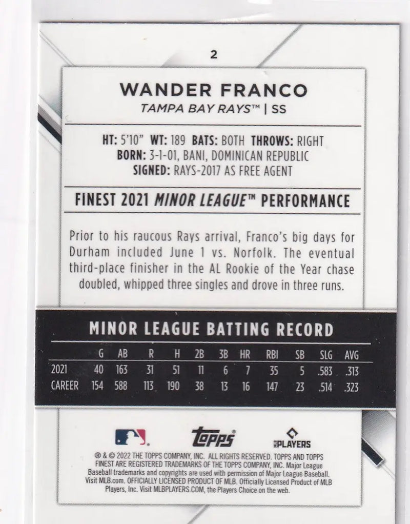 2022 TOPPS FINEST #2 WANDER FRANCO- TAMPA BAY RAYS - Baseball Card Single