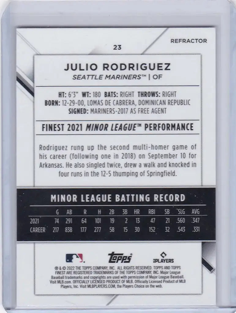 2022 Topps Finest #23 Julio Rodiriguez RC Refractor Seattle Mariners
