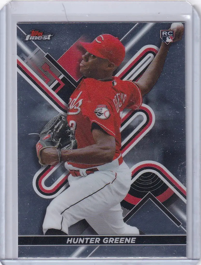 Baseball card of Hunter Greene Cincinnati Reds pitching in a red uniform from Topps Finest