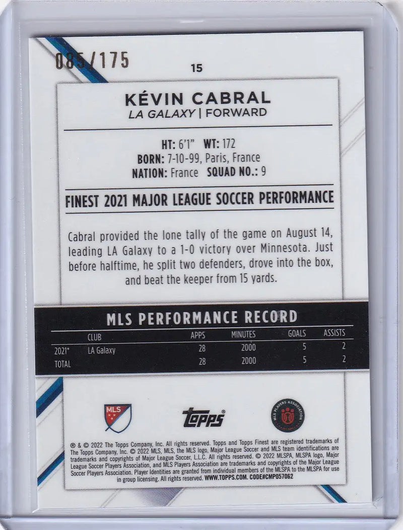 Trading card featuring Kévin Cabral’s MLS stats from 2022 Topps Finest Mini Diamond