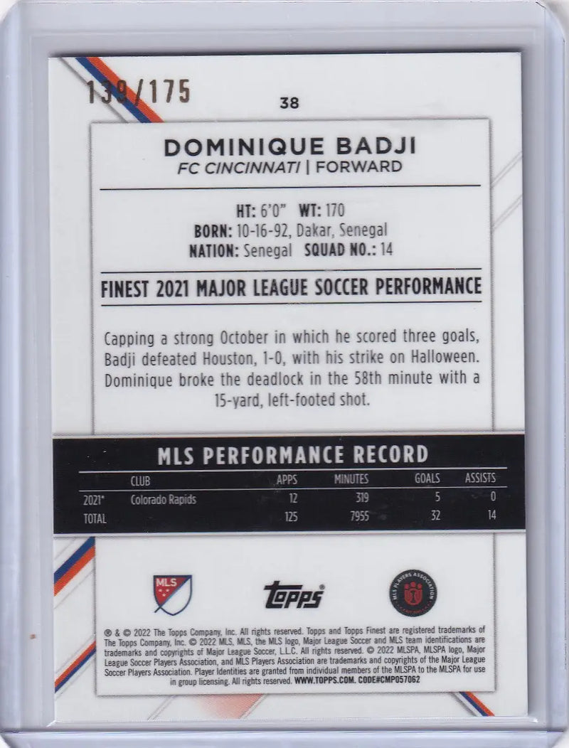 Topps Finest Mini Diamond card #38 Dominique Badji, FC Cincinnati, 139/175