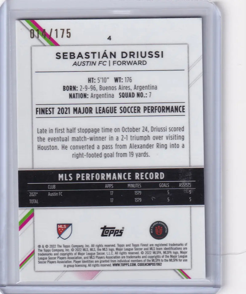 Soccer trading card of Sebastián Driussi, Topps Finest Mini Diamond 14/175, Austin FC