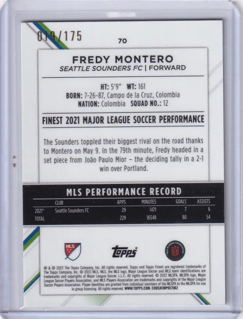 Topps Finest Mini Diamond card of Fredy Montero showcasing Seattle Sounders player stats