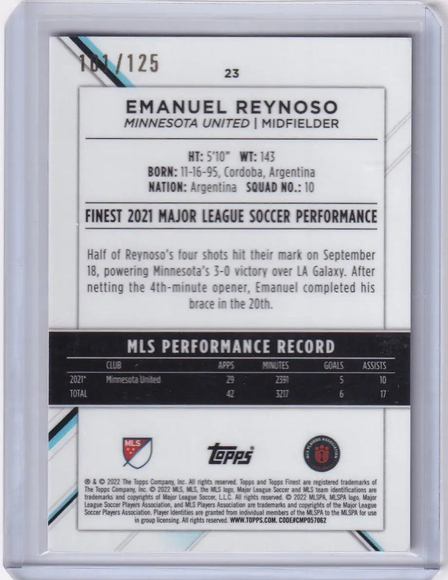 Soccer trading card featuring Topps Finest Pink #23 Emanuel Reynoso MLS stats and info