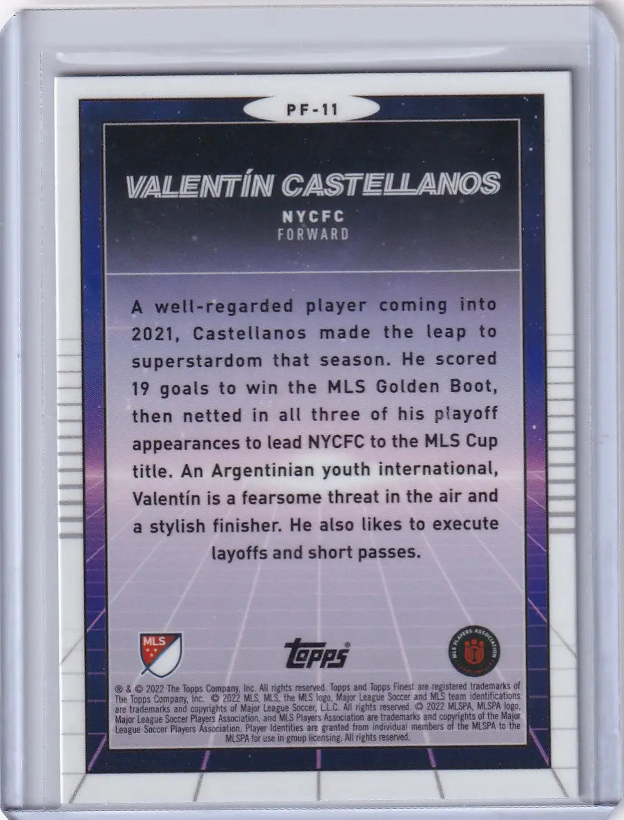 Back of 2022 Topps Finest Prized Footballers PF-11 Valentín Castellanos soccer card
