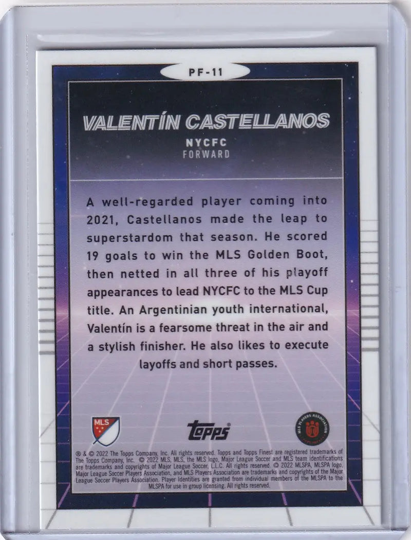 Back of 2022 Topps Finest Prized Footballers PF-11 Valentín Castellanos soccer card