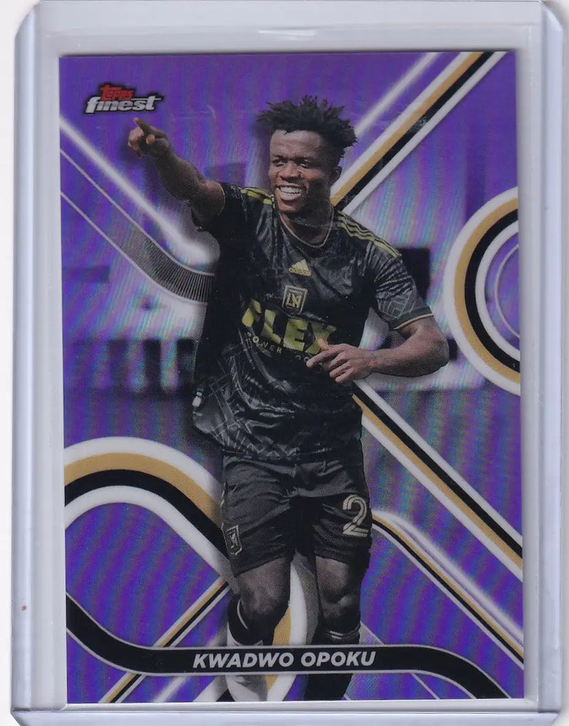 Purple and gold Topps Finest trading card of Kwadwo Opoku in black uniform
