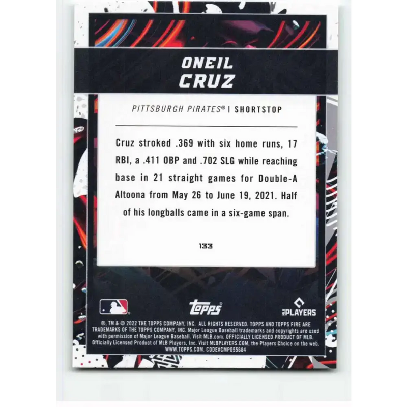2022 Topps Fire #133 Oneil Cruz NM-MT RC Rookie Pittsburgh Pirates Baseball Card - Baseball Card Single