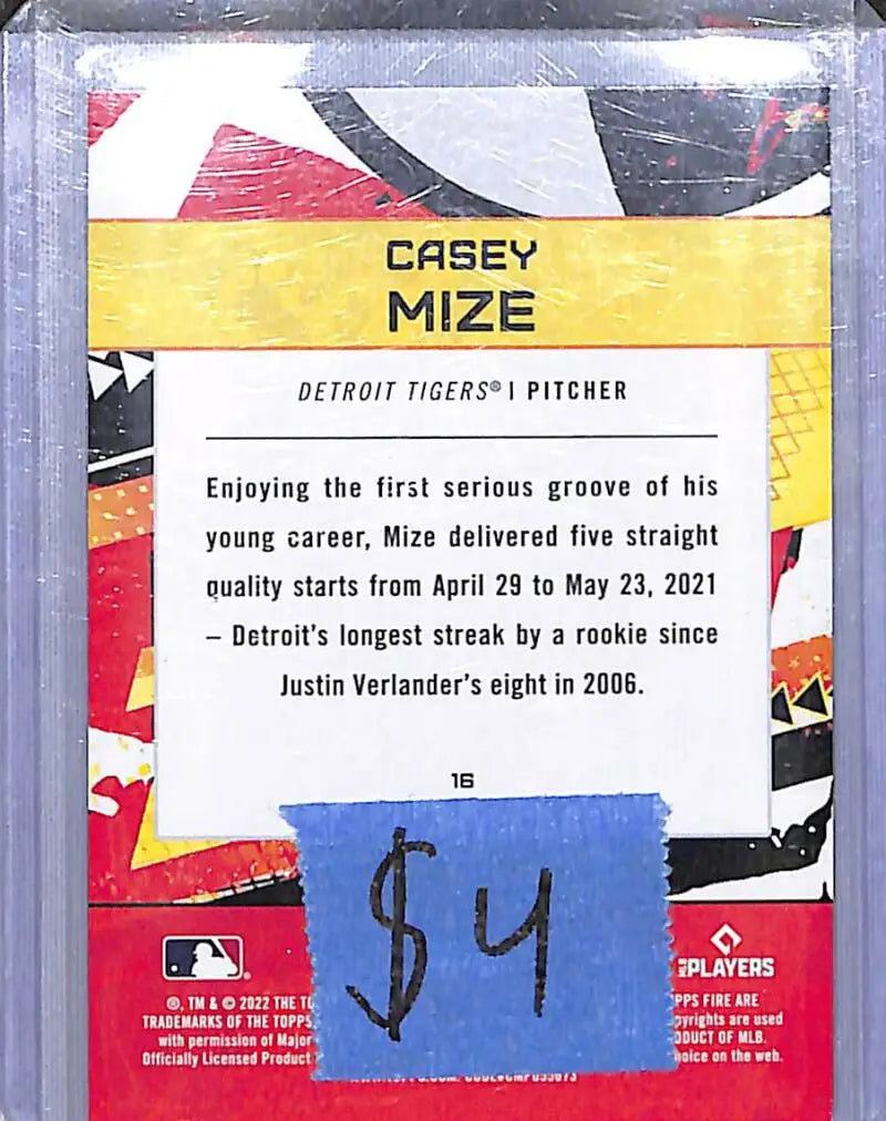 2022 Topps Fire #16 Casey Mize NM-MT Detroit Tigers - Baseball Card Single