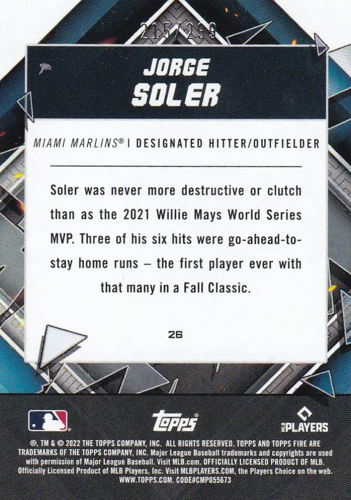 Jorge Soler trading card showcasing his World Series performance with Miami Marlins