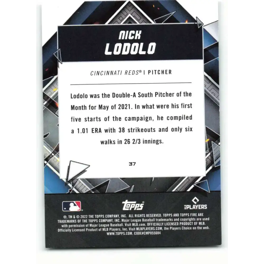 2022 Topps Fire #37 Nick Lodolo NM-MT RC Rookie Cincinnati Reds Baseball Card - Baseball Card Single