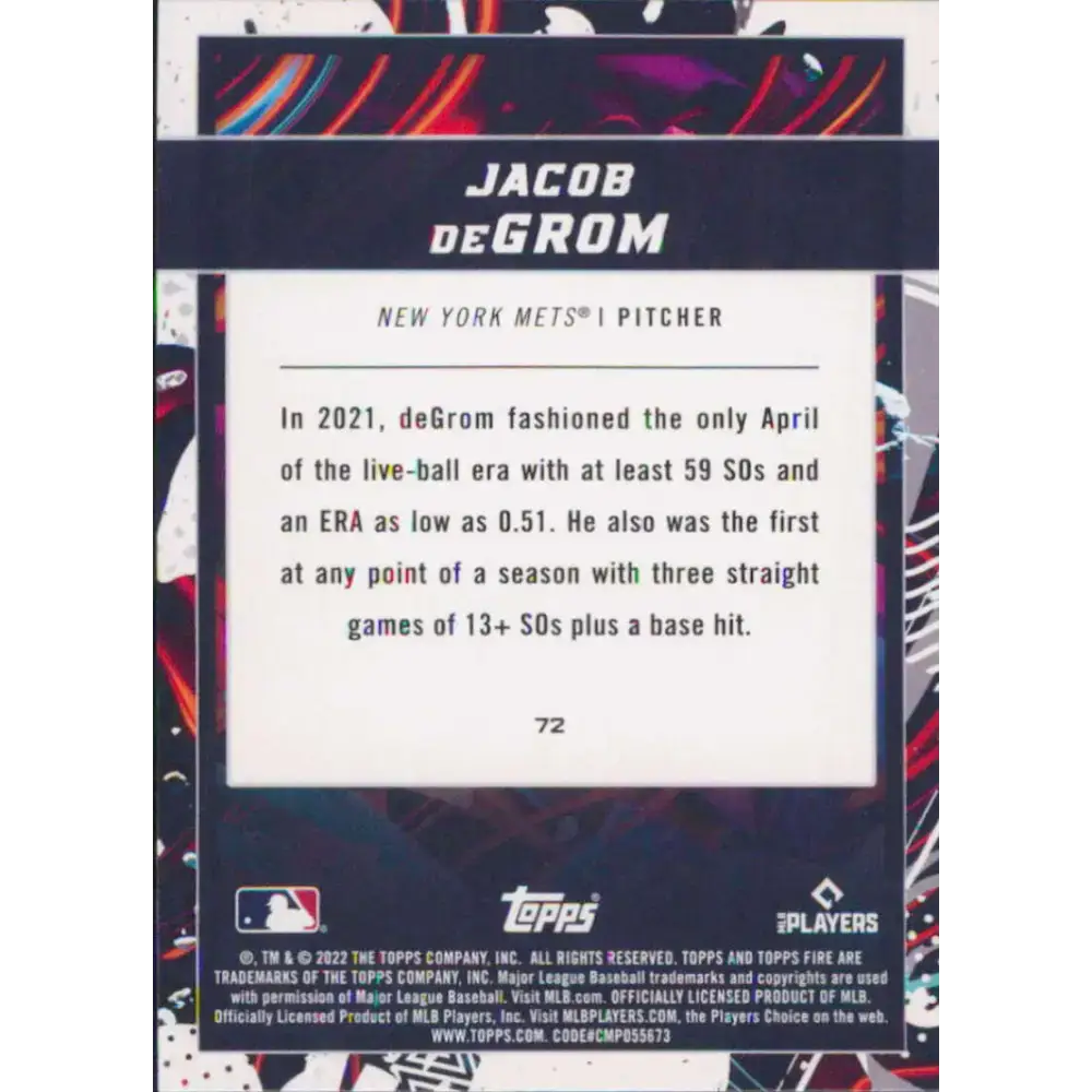 2022 Topps Fire #72 Jacob deGrom NM-MT New York Mets Baseball Card - Baseball Card Single