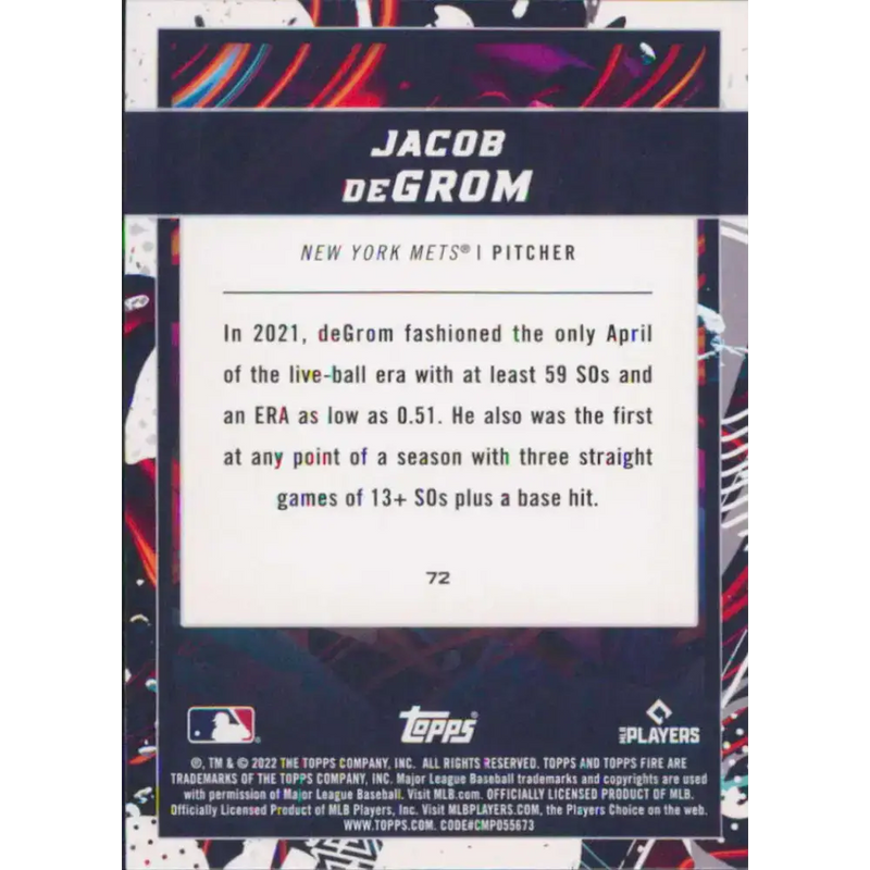 2022 Topps Fire #72 Jacob deGrom NM-MT New York Mets Baseball Card - Baseball Card Single