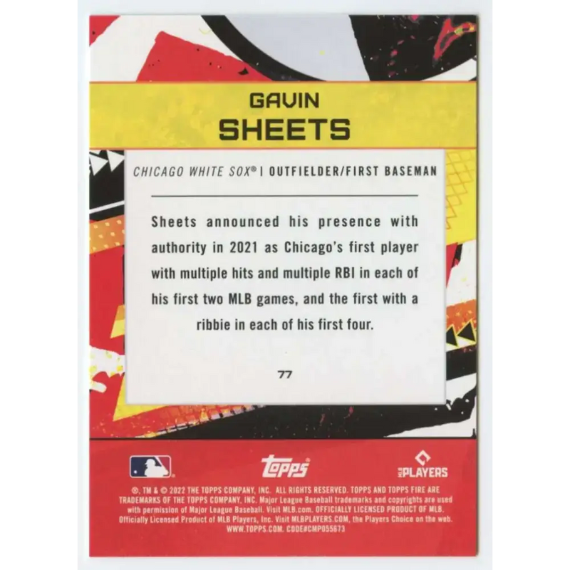 2022 Topps Fire #77 Gavin Sheets NM-MT RC Rookie Chicago White Sox Baseball Card - Baseball Card Single
