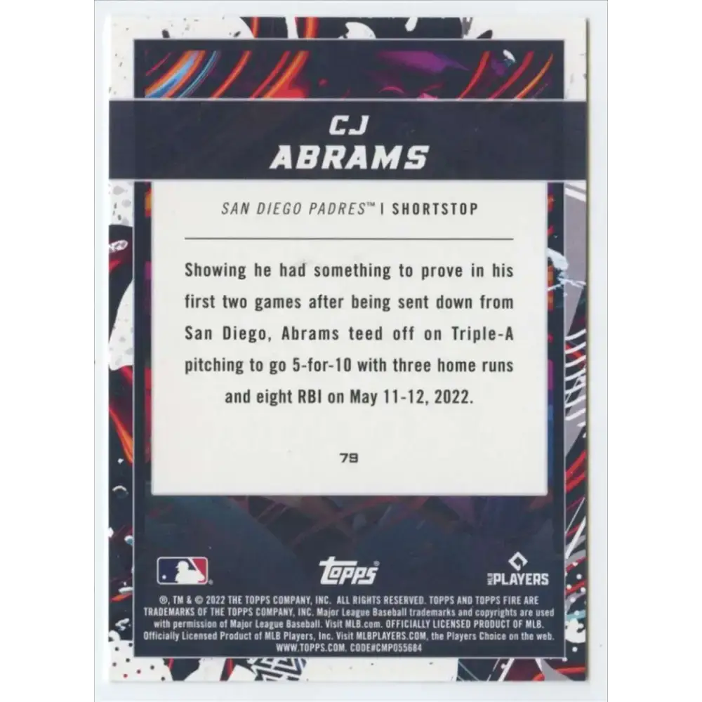 2022 Topps Fire #79 CJ Abrams NM-MT RC Rookie San Diego Padres Baseball Card - Baseball Card Single