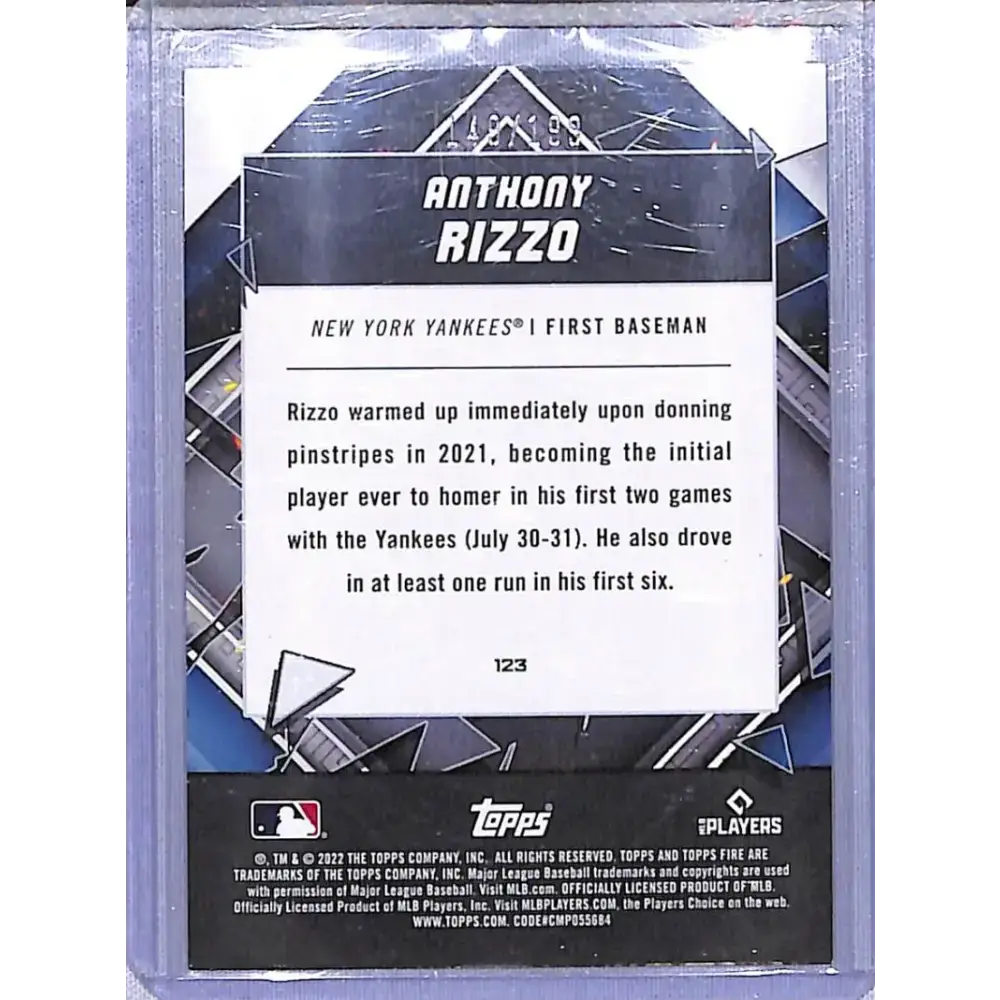 2022 Topps Fire Green Parallel #123 Anthony Rizzo NM-MT 149/199 New York Yankees - Baseball Card Single