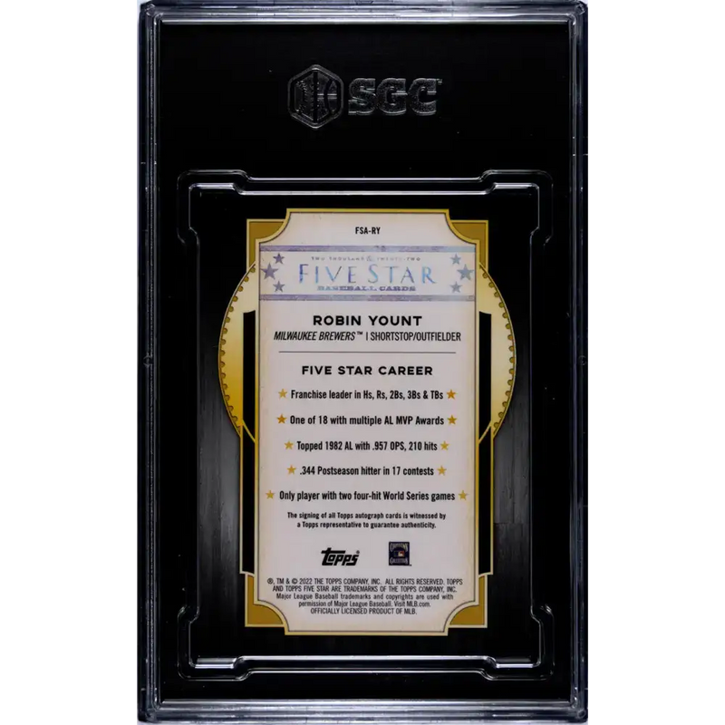 2022 Topps Five Star #FSA-RY Robin Yount SGC 8 NM/MT Auto 48/50 Milwaukee Brewers Baseball Card - Baseball Card Single