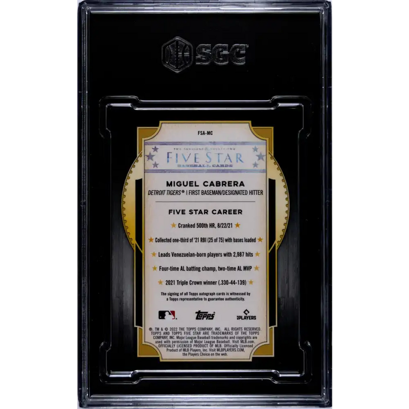 2022 Topps Five Star Orange #FSA-MC Miguel Cabrera SGC 8 NM/MT Auto 4/5 Detroit Tigers Baseball Card - Baseball Card