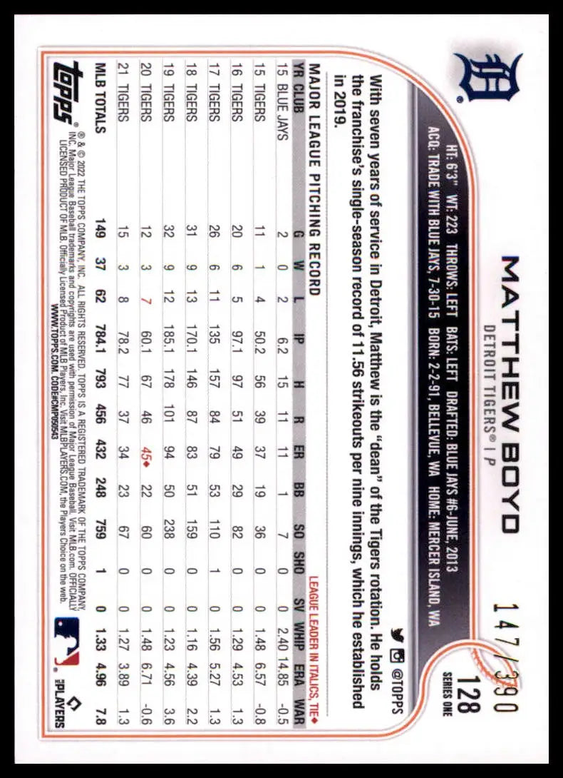 2022 Topps - Foilboard Hobby Matthew Boyd 128 /390 Detroit Tigers NM - Baseball Card Single