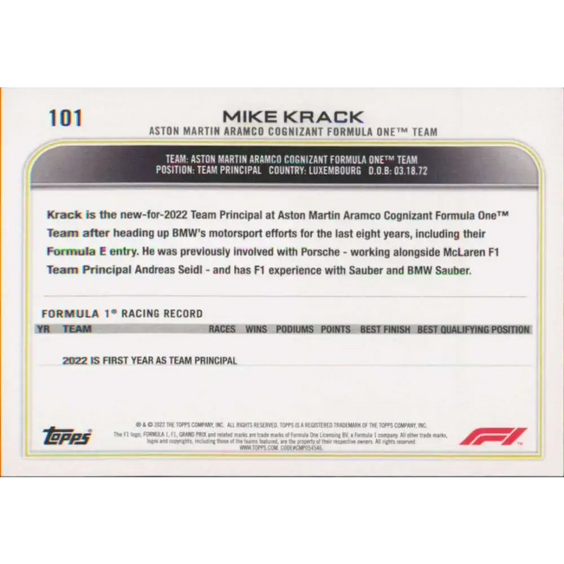 2022 Topps Formula 1 #101 Mike Krack NM-MT Racing Card - Racing Card Single