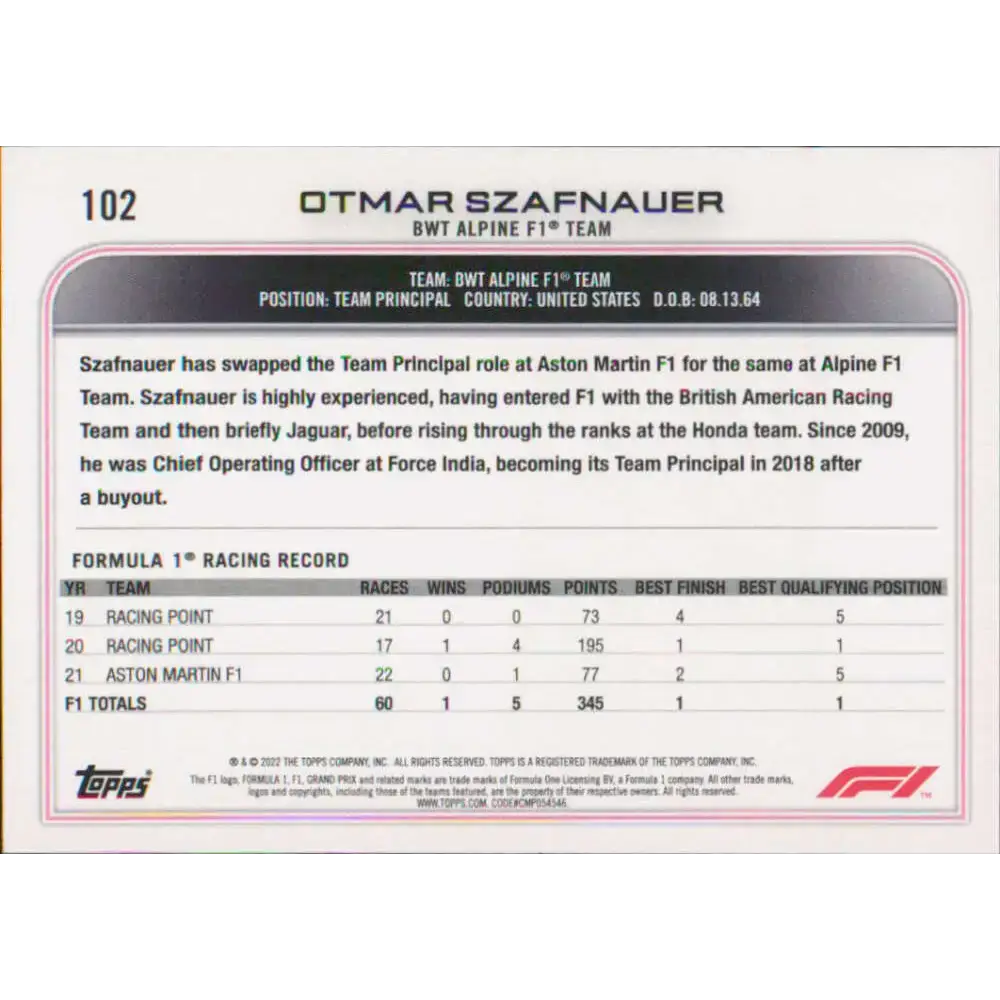 2022 Topps Formula 1 #102 Otmar Szafnauer NM-MT Racing Card - Racing Card Single