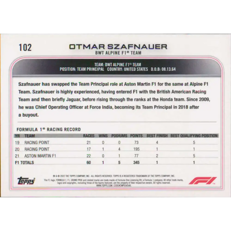 2022 Topps Formula 1 #102 Otmar Szafnauer NM-MT Racing Card - Racing Card Single