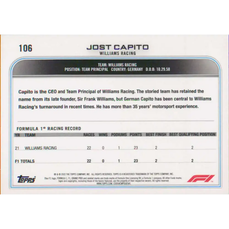 2022 Topps Formula 1 #106 Jost Capito NM-MT Racing Card - Racing Card Single