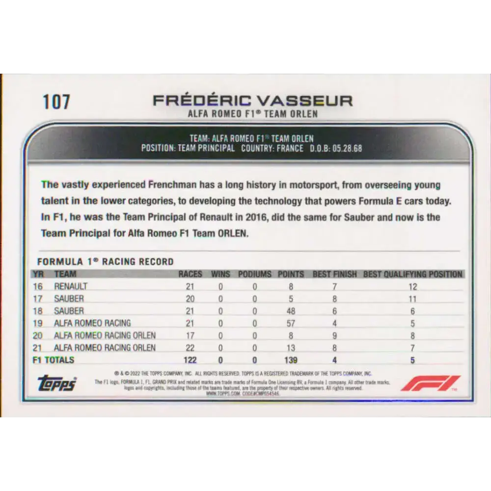 2022 Topps Formula 1 #107 Frederic Vasseur NM-MT Racing Card - Racing Card Single