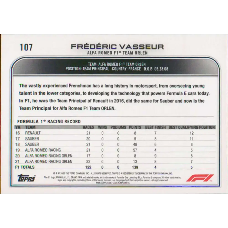 2022 Topps Formula 1 #107 Frederic Vasseur NM-MT Racing Card - Racing Card Single