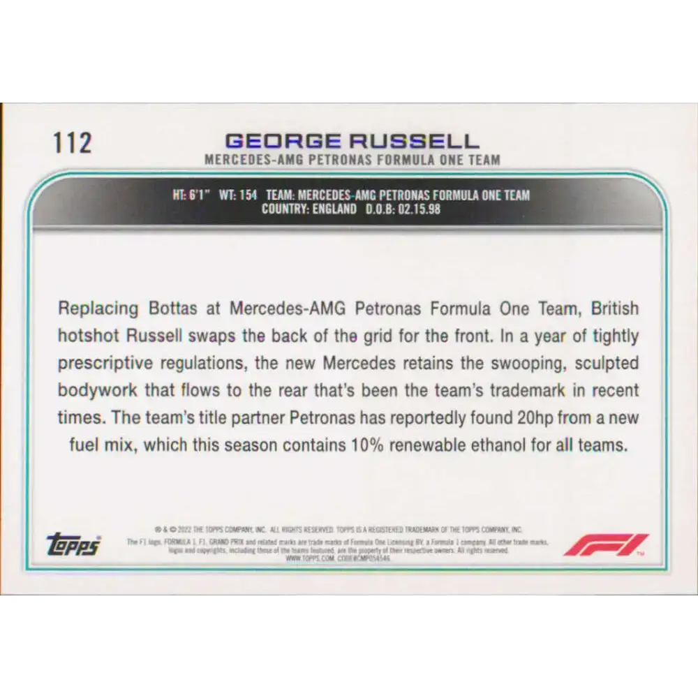 2022 Topps Formula 1 #112 George Russell NM-MT Racing Card - Racing Card Single