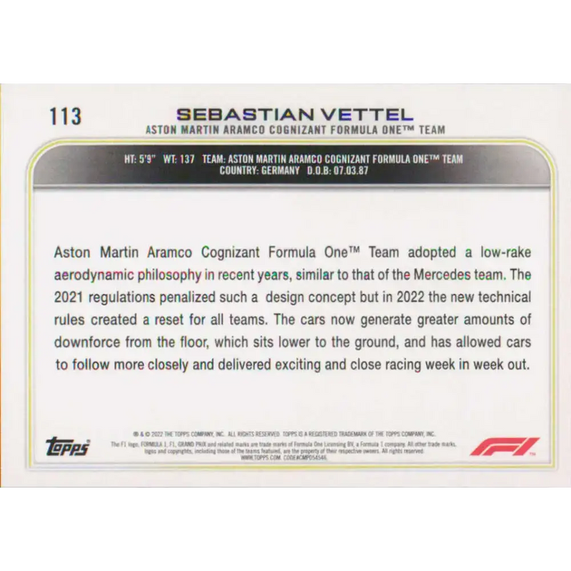 2022 Topps Formula 1 #113 Sebastian Vettel NM-MT Racing Card - Racing Card Single