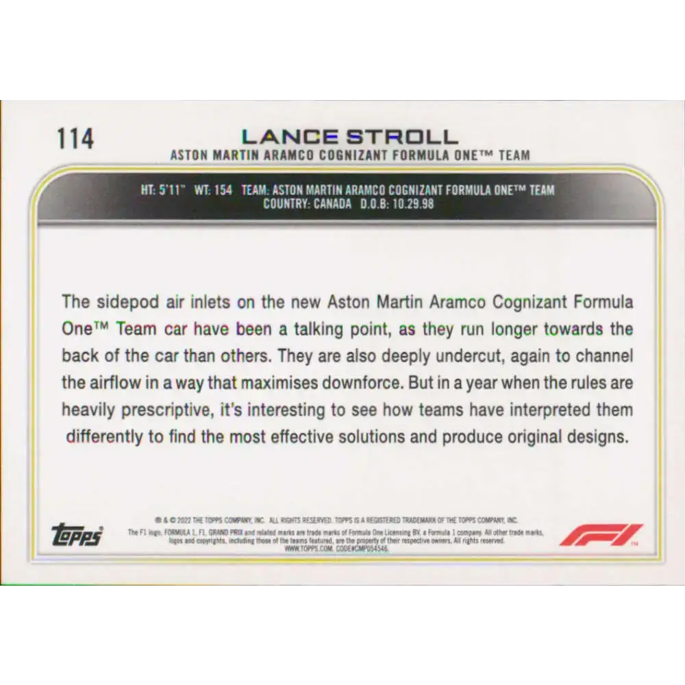 2022 Topps Formula 1 #114 Lance Stroll NM-MT Racing Card - Racing Card Single