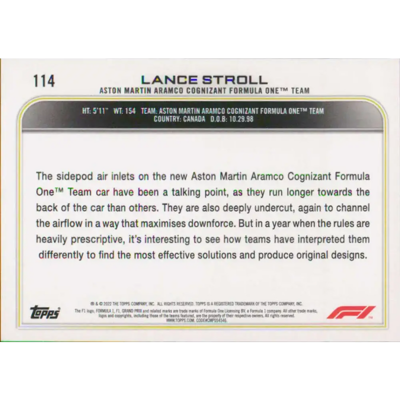 2022 Topps Formula 1 #114 Lance Stroll NM-MT Racing Card - Racing Card Single