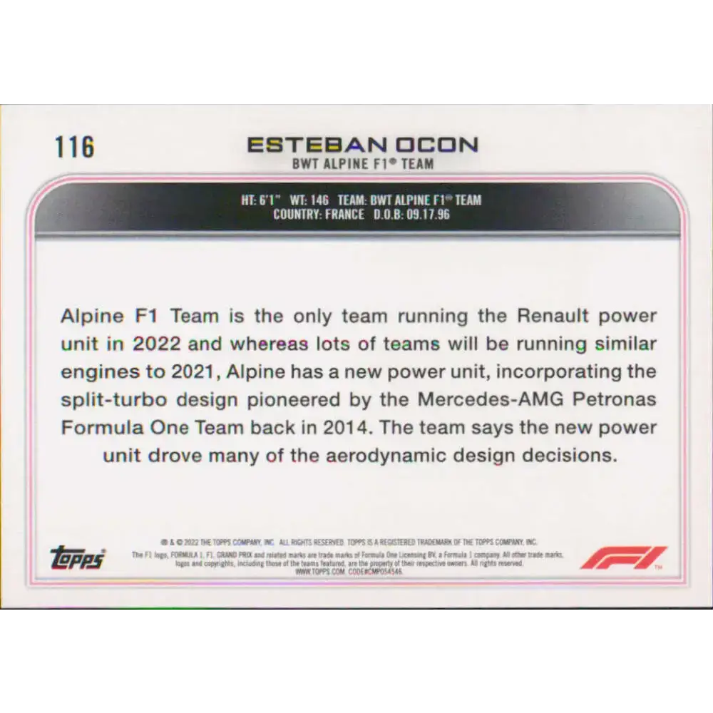 2022 Topps Formula 1 #116 Esteban Ocon NM-MT Racing Card - Racing Card Single