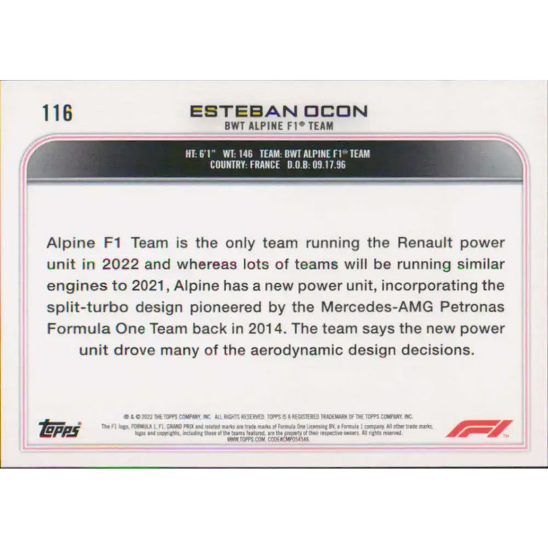 2022 Topps Formula 1 #116 Esteban Ocon NM-MT Racing Card - Racing Card Single