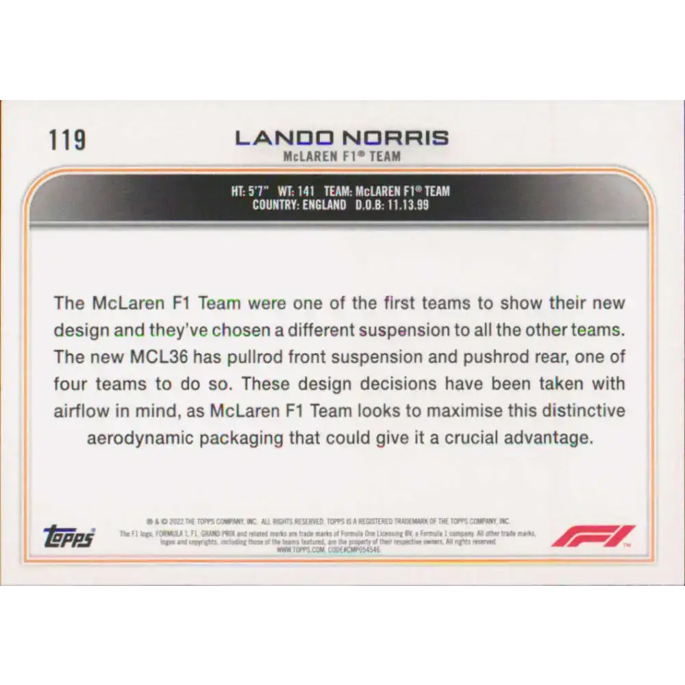 2022 Topps Formula 1 #119 Lando Norris NM-MT Racing Card - Racing Card Single