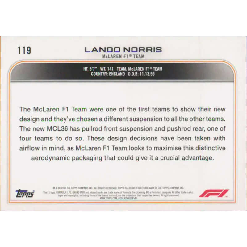 2022 Topps Formula 1 #119 Lando Norris NM-MT Racing Card - Racing Card Single