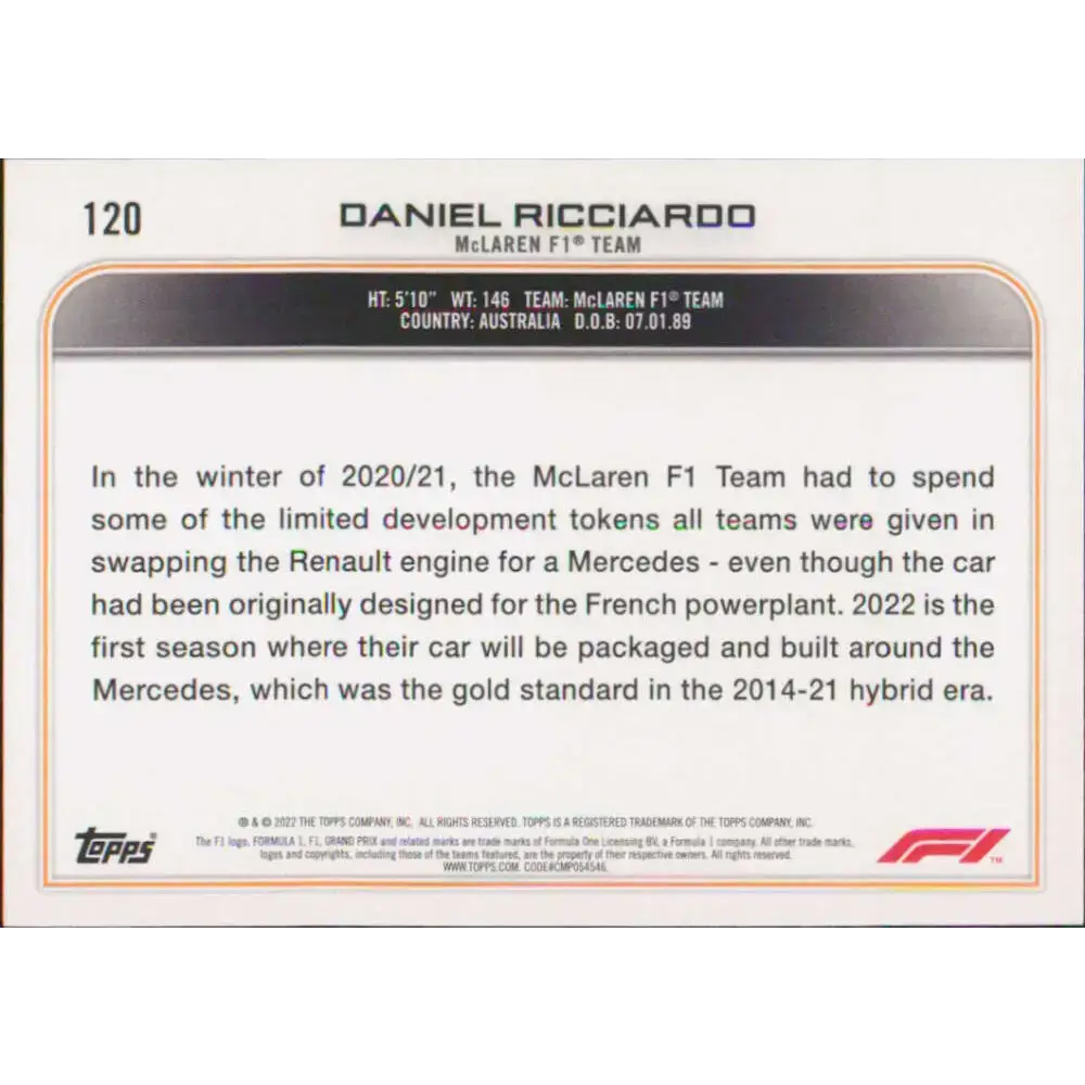 2022 Topps Formula 1 #120 Daniel Ricciardo NM-MT Racing Card - Racing Card Single