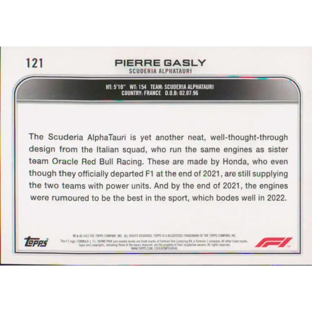 2022 Topps Formula 1 #121 Pierre Gasly NM-MT Racing Card - Racing Card Single