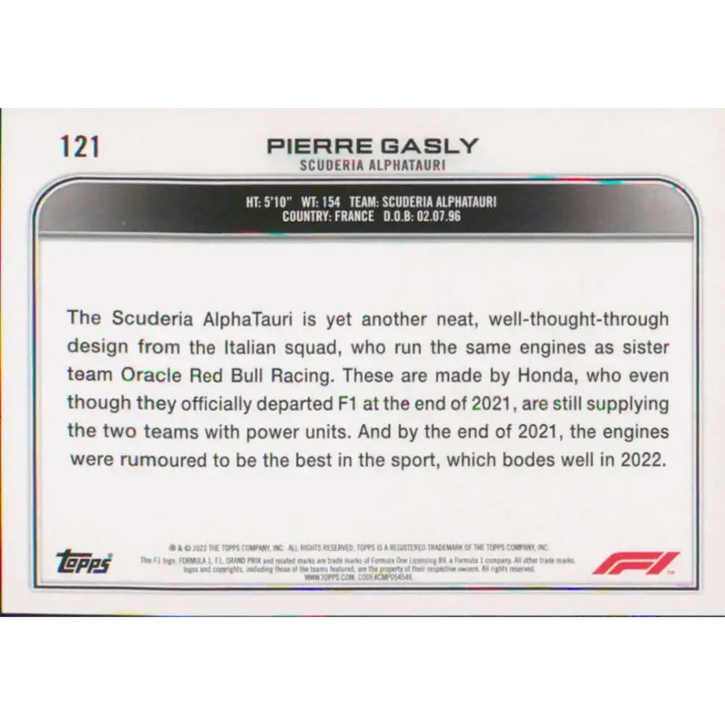2022 Topps Formula 1 #121 Pierre Gasly NM-MT Racing Card - Racing Card Single